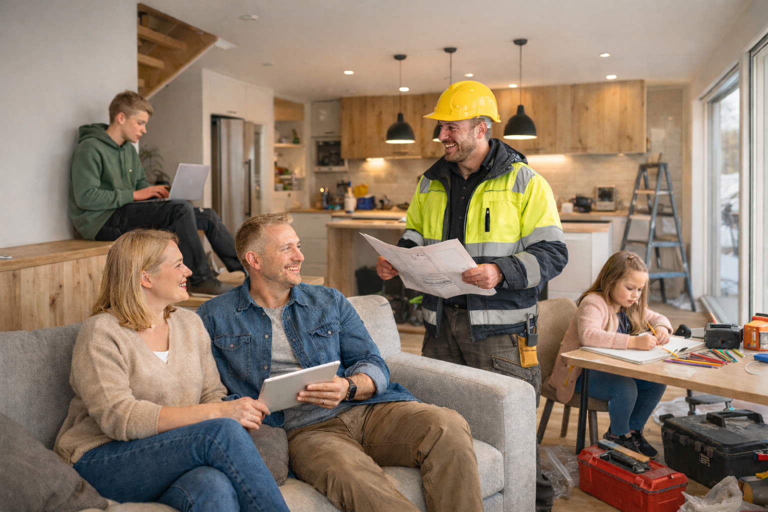 Familien Berg i samtale med prosjektleder under rehabiliteringen