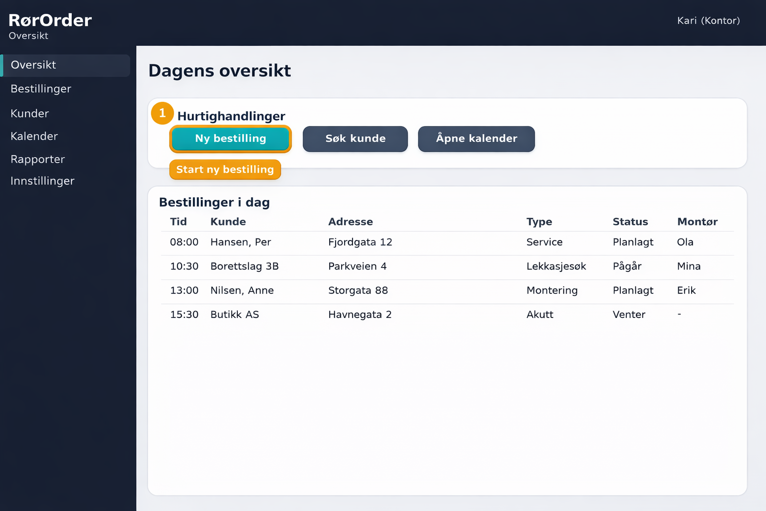 Dashboard med Ny bestilling